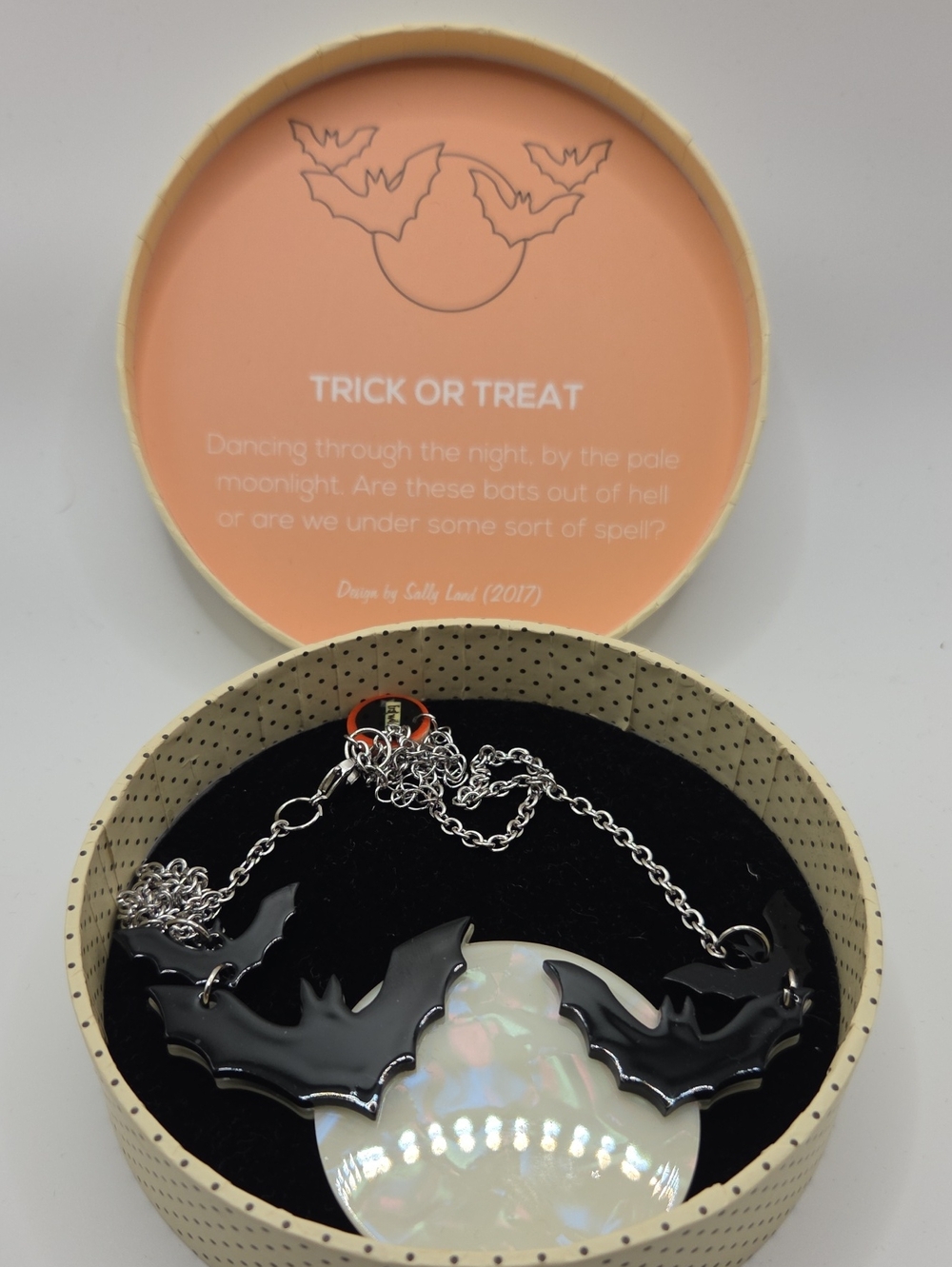 Erstwilder Trick or Treat Black Bat Necklace with Iridescent Moon -